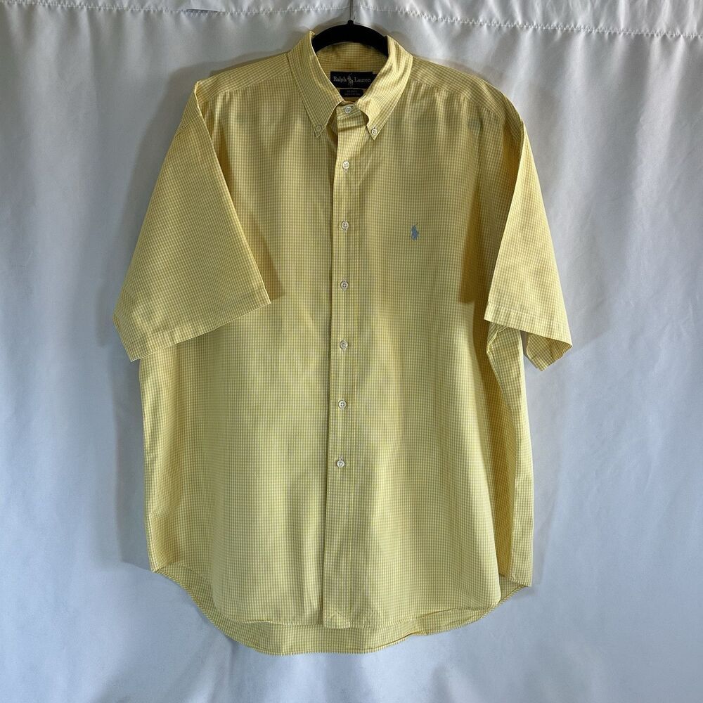 Ralph Lauren Blake Fit Shirt Mens XL Yellow White Check Short Sleeve Cotton